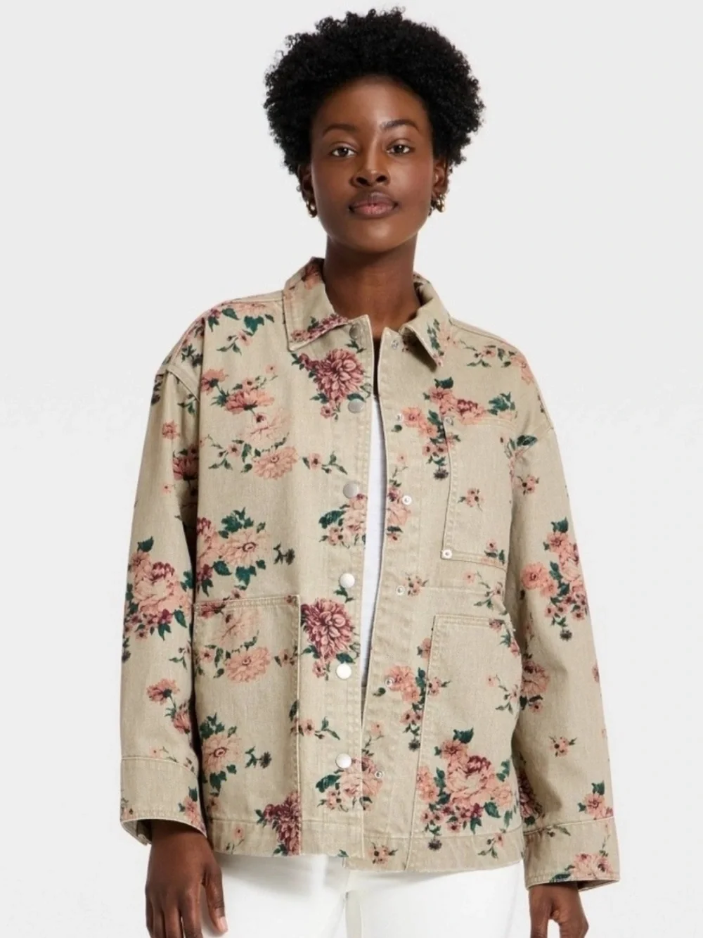 Universal Thread Western Beige Floral Button-Up Denim Oversized Jacket Sz L NWT